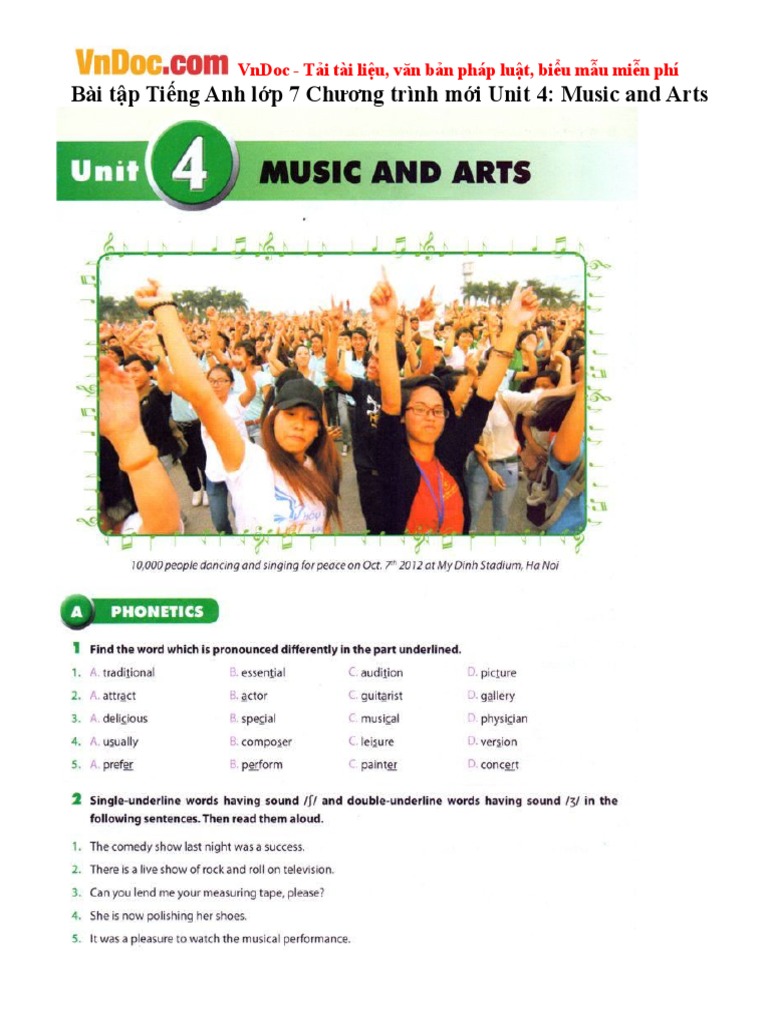 Bai Tap Tieng Anh Lop 7 Chuong Trinh Moi Unit 4 Music and Arts | PDF