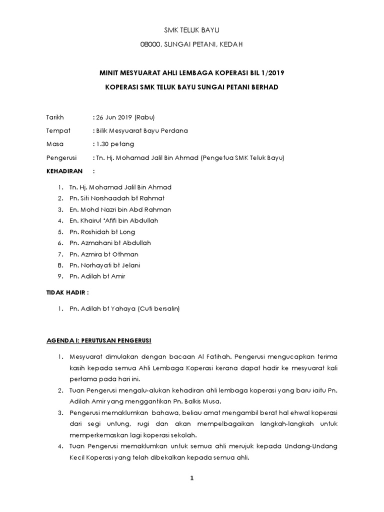 Minit Mesyuarat Ahli Lembaga Koperasi Pdf