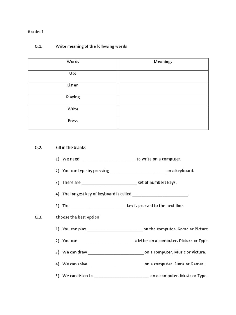 Grade 1 Computer Paper