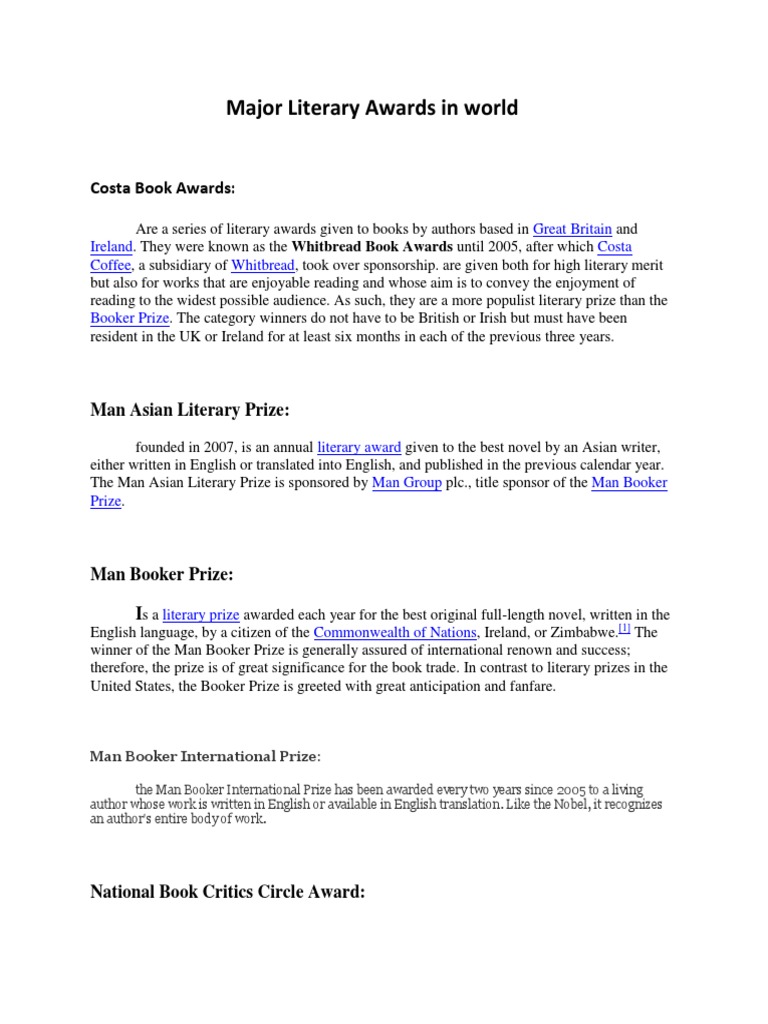 Major Literary Awards | PDF | Arts Awards | Writing Awards