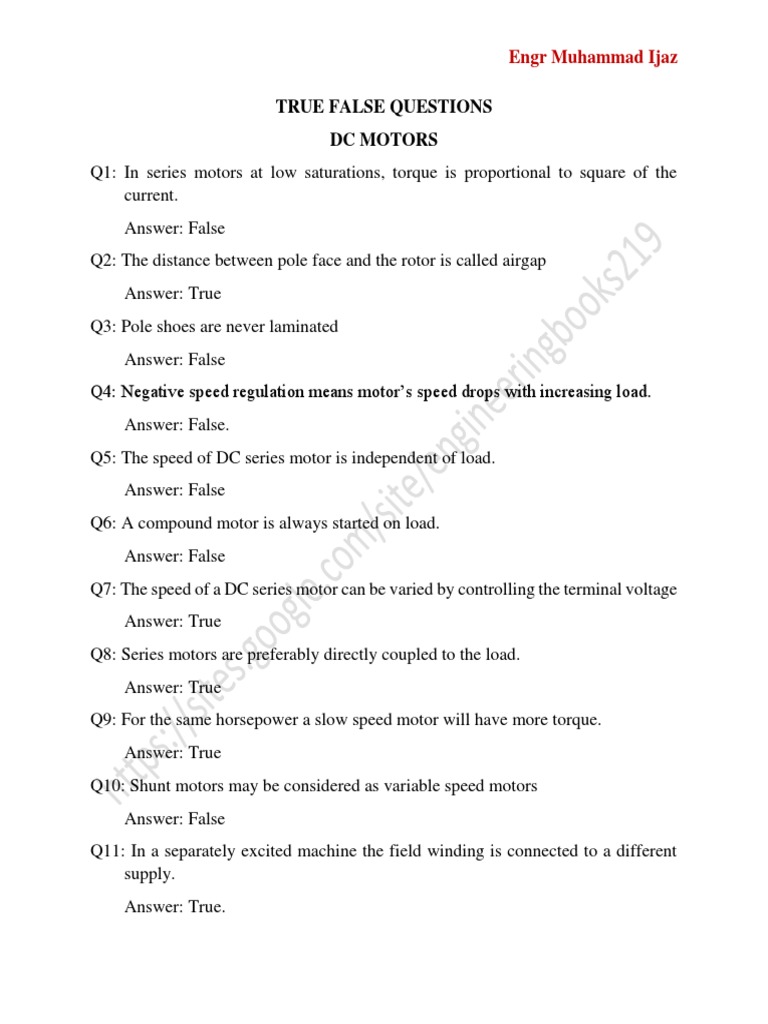 DC Motors, Generators and Transformer MCQs PDF Electric Motor