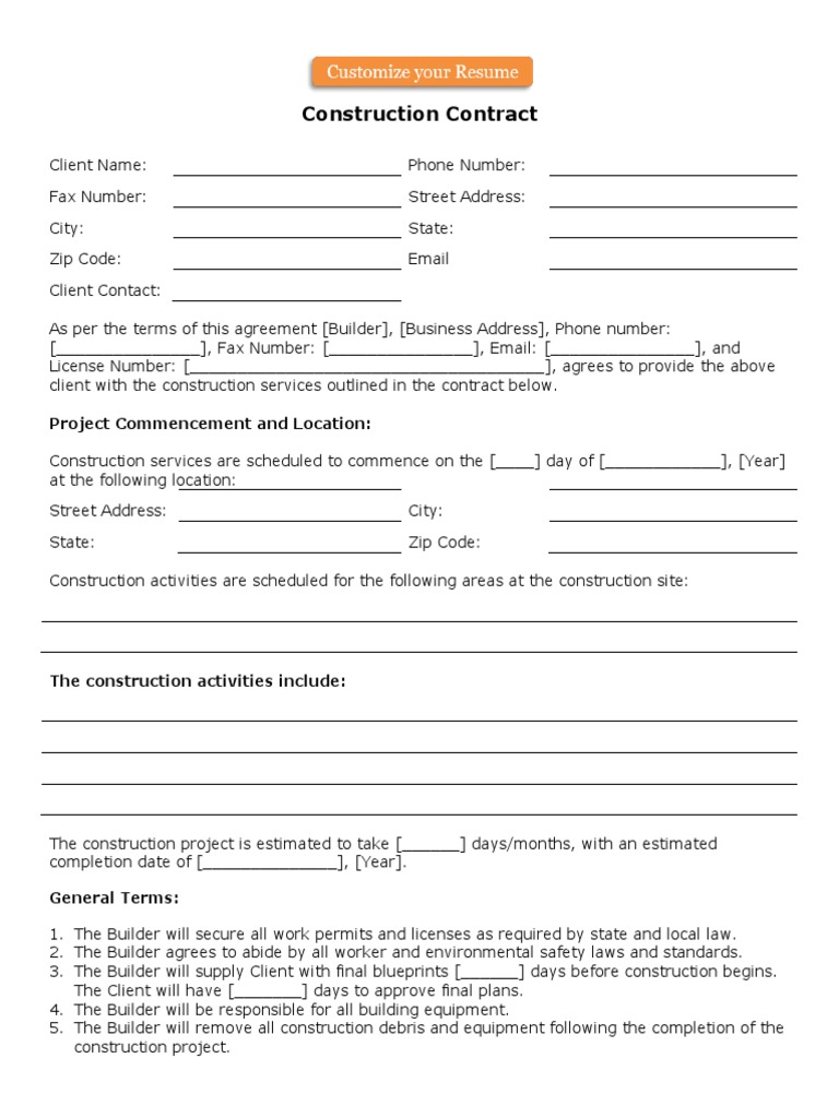 Construction Contract | PDF | Copyright | Business for Free Printable Construction Contracts Forms