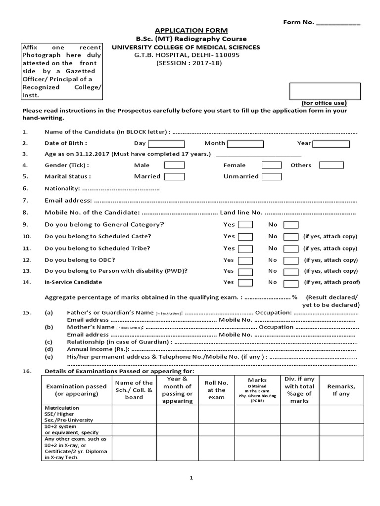 B.Sc. Radiography Application Form | PDF | University And College Admission