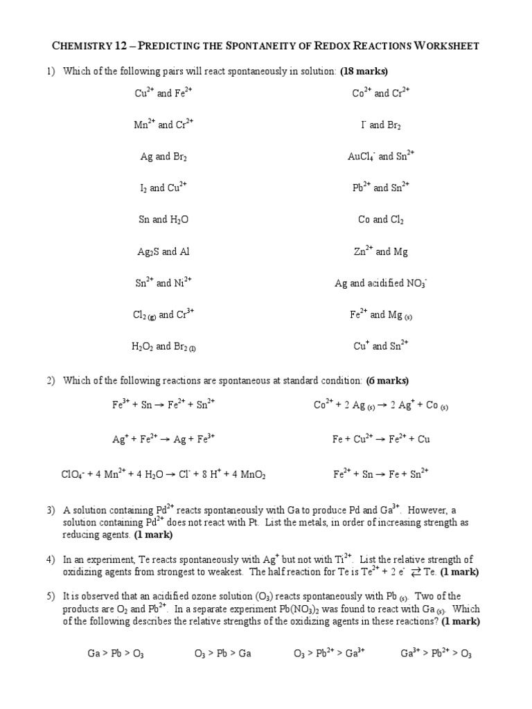 Predicting The Spontaneity Of Redox Reactions Worksheet 1zynt2m Redox Chemistry