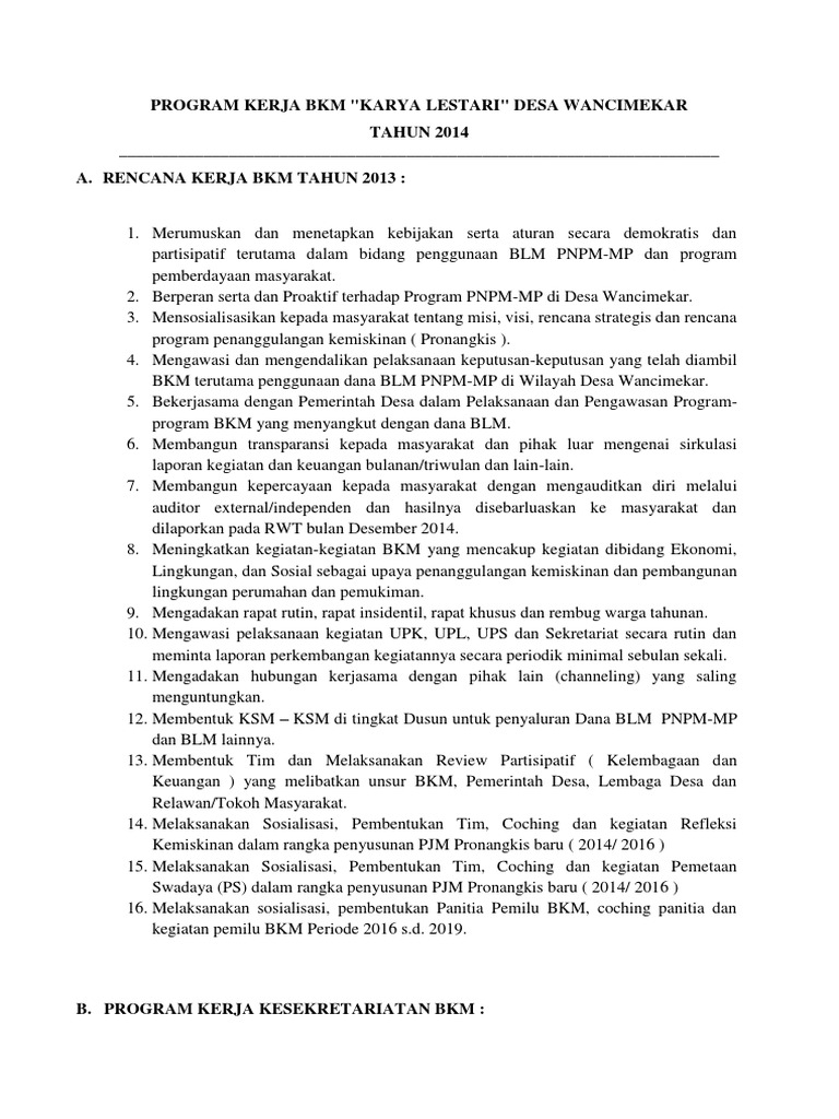 Rencana Kerja BKM Karya Lestari 2014 | PDF | Pengelolaan Keuangan & Uang