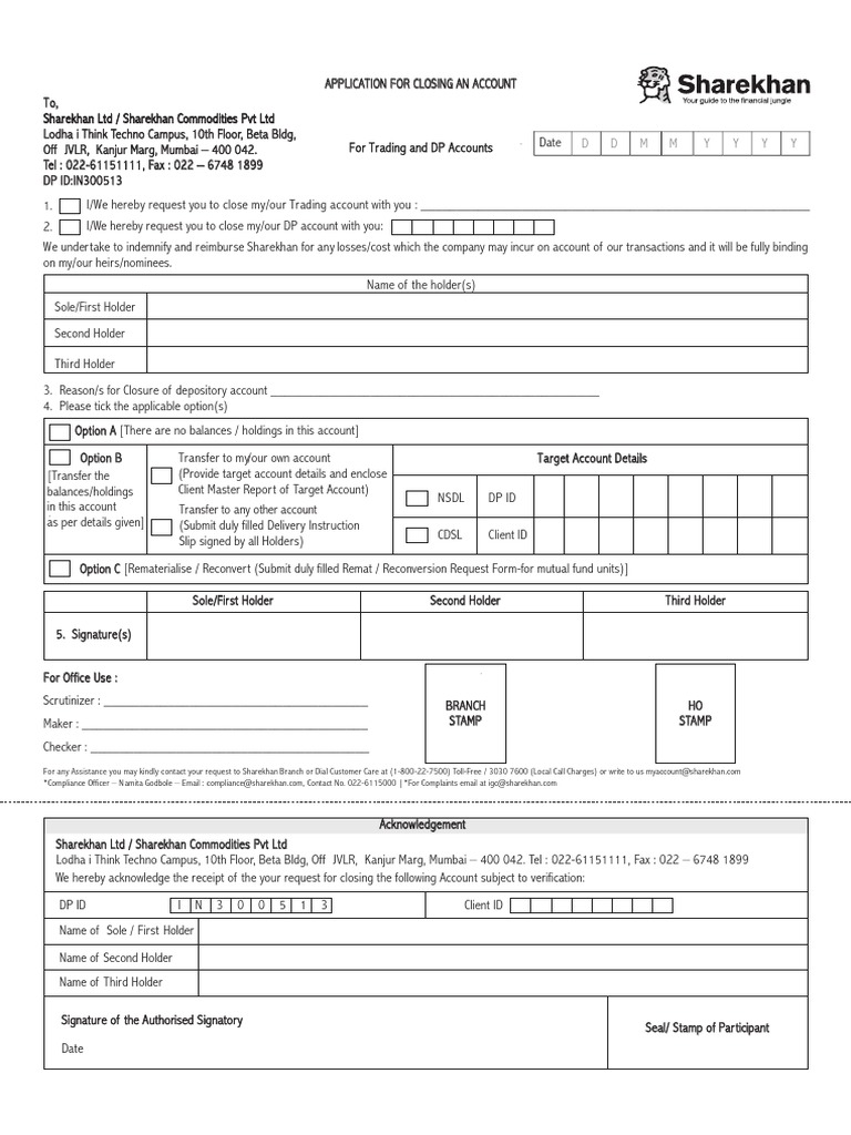 Sharekhan Account Closing Form PDF PDF Business