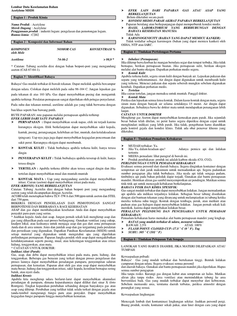 MSDS Acetylene: Bahaya dan Pertolongan | PDF