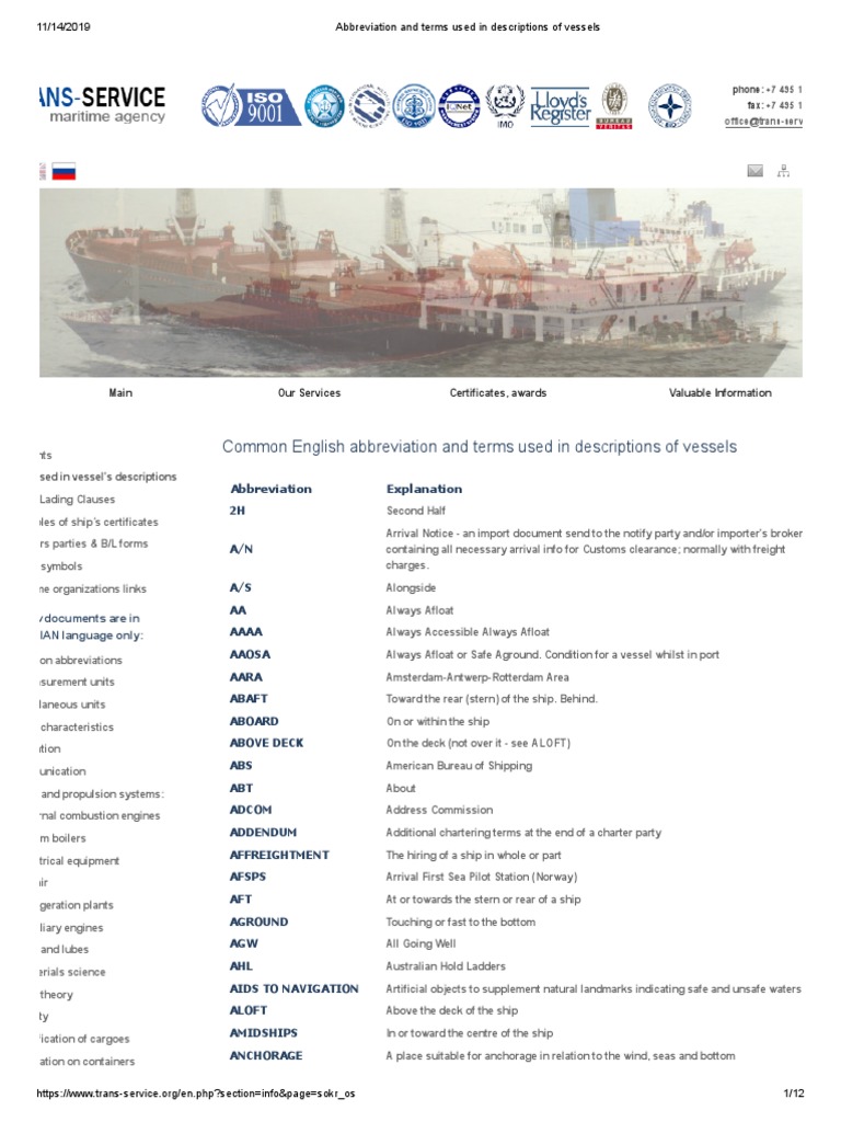 Abbreviation and Terms Used in Descriptions of Vessels PDF Cargo