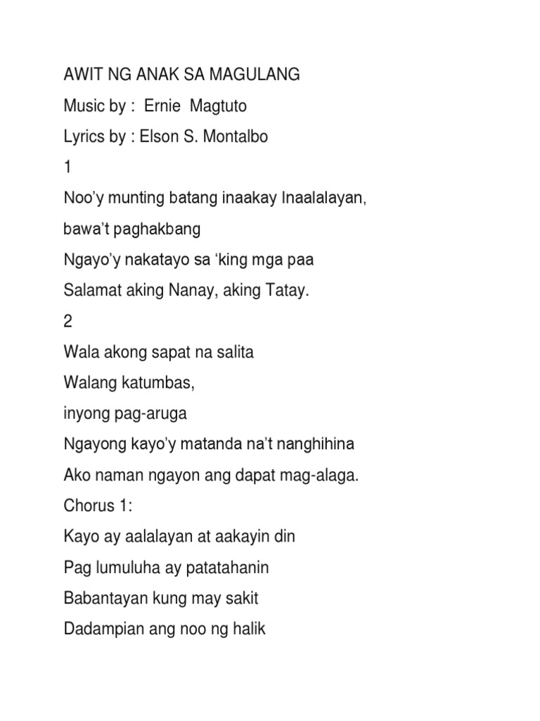 Awit Para Sa Magulang - awit tiwisita