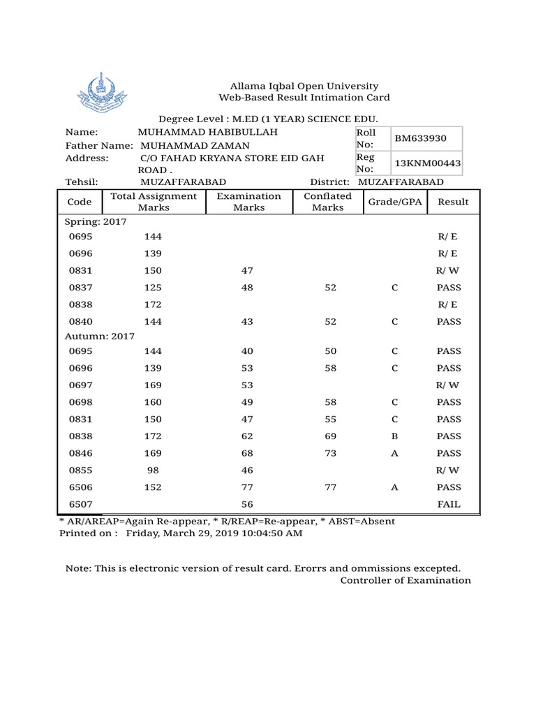 Aiou online web based result pdf business