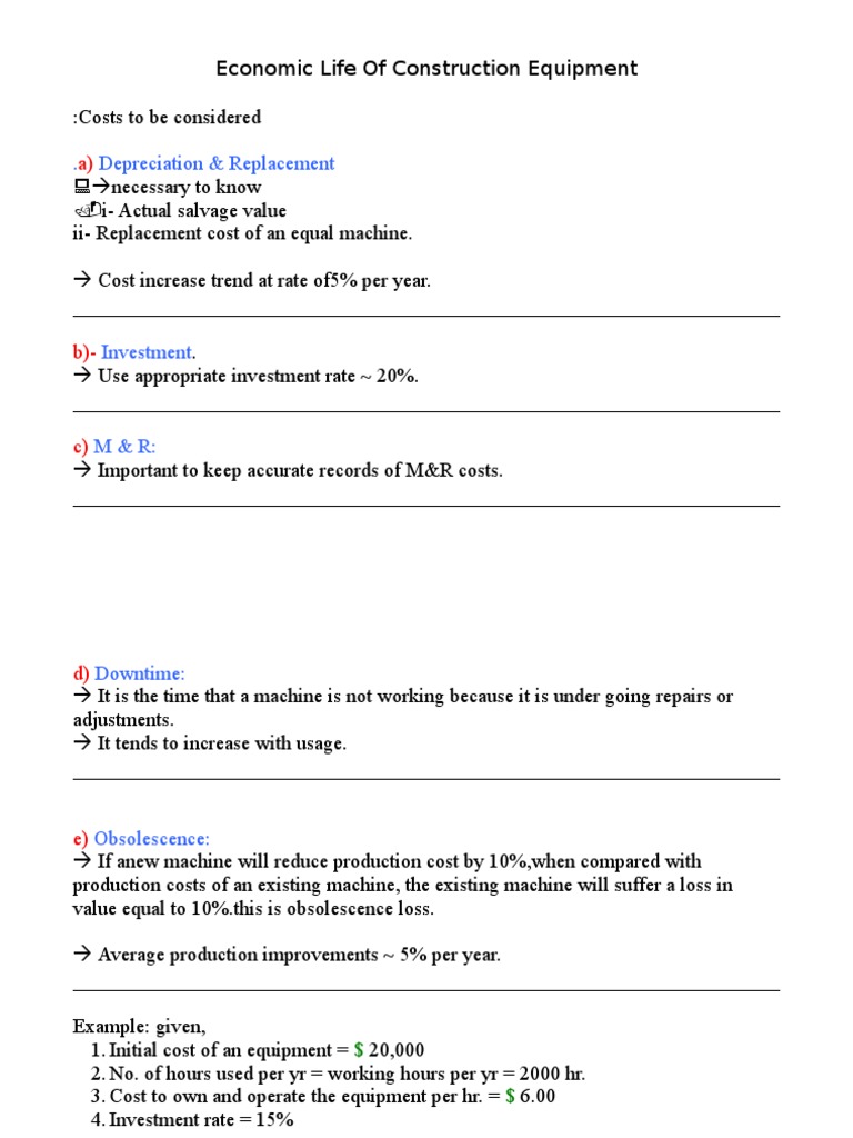Economic Life of Construction Equipment PDF Heavy Equipment
