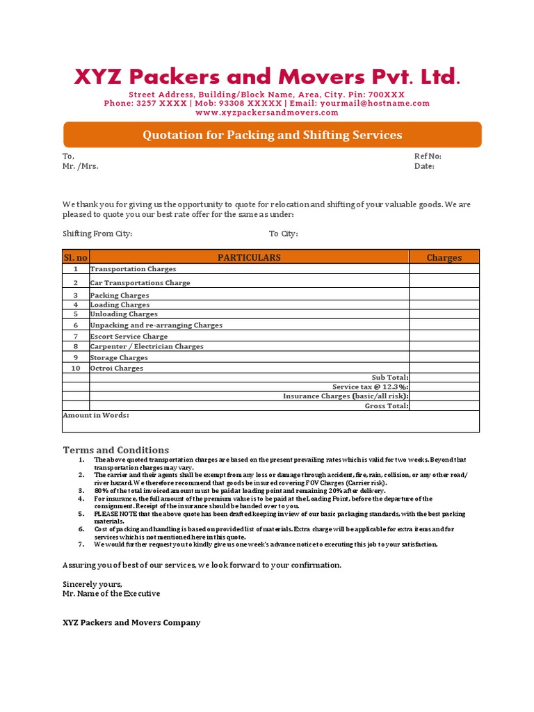 Quotation for Relocation Services | PDF | Insurance | Services (Economics)
