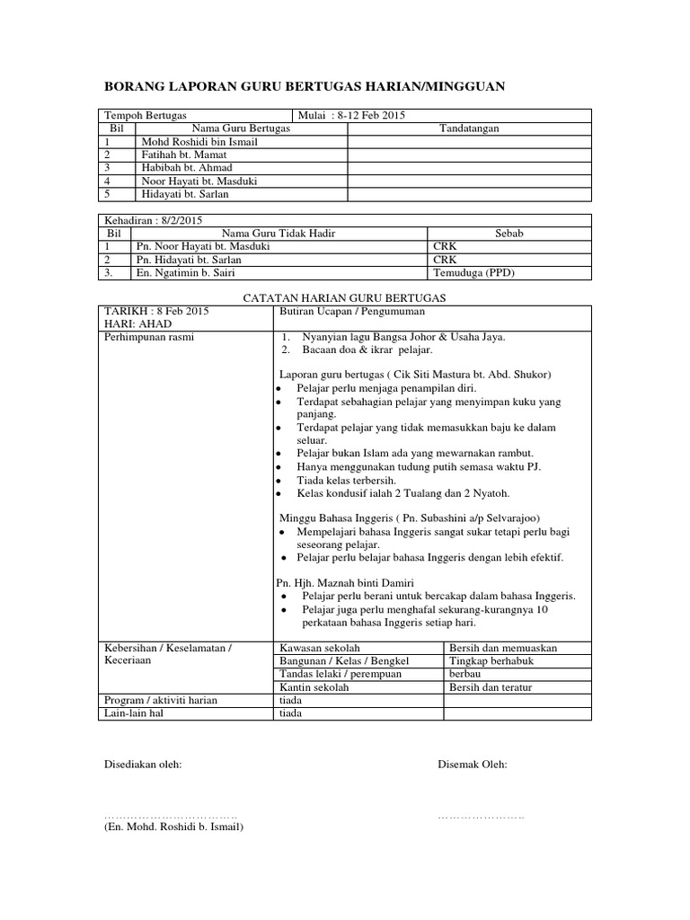 Borang Laporan Guru Bertugas Harian 1 Docx
