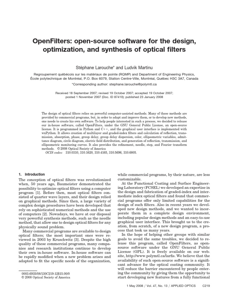 OpenFilters OpenSource Software For The Design, Optimization, and Synthesis of Optical Filters