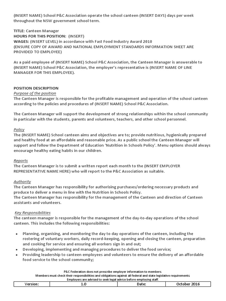 Sample Job Description Canteen Manager (1300) PDF Cafeteria