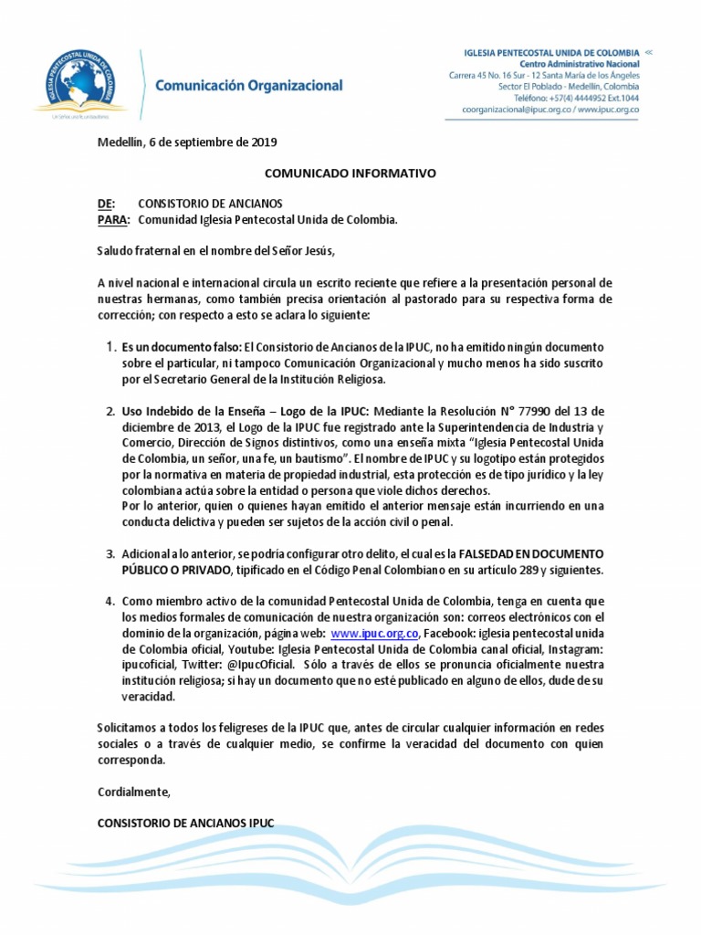 Comunicado Informativo Formal | PDF | Pentecostalismo | Colombia