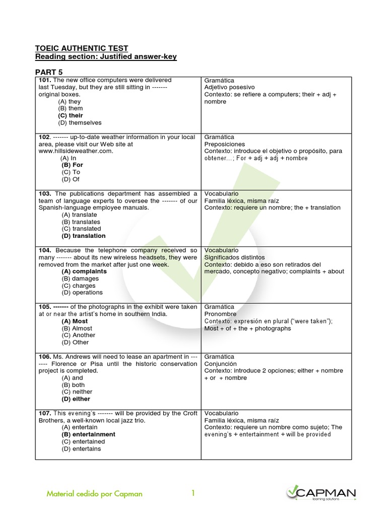 Authentic TOEIC Reading Justified Answer Key | PDF | Business