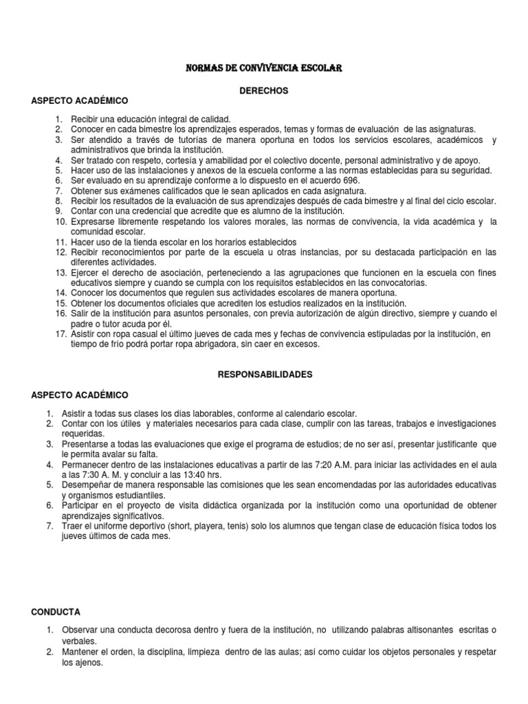Normas de Convivencia Escolar | PDF | Salón de clases | Evaluación