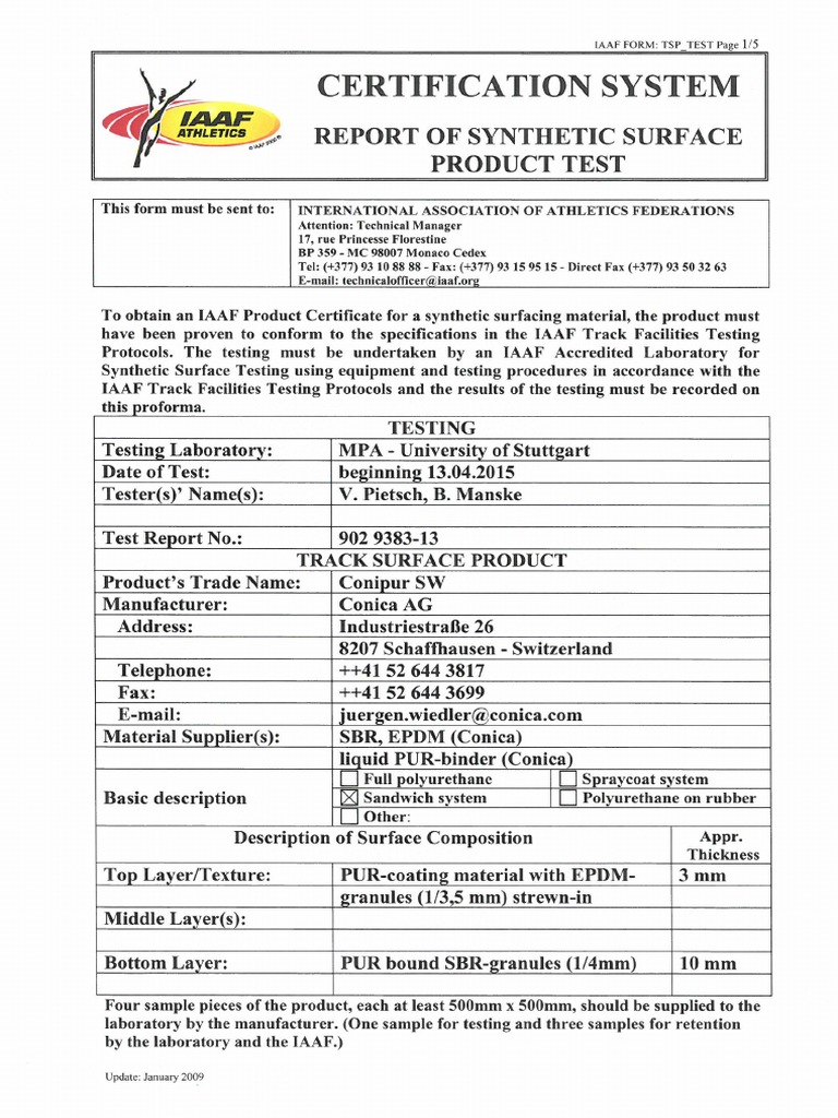 4 CONIPUR SW IAAF Test Report of Surface PDF | PDF