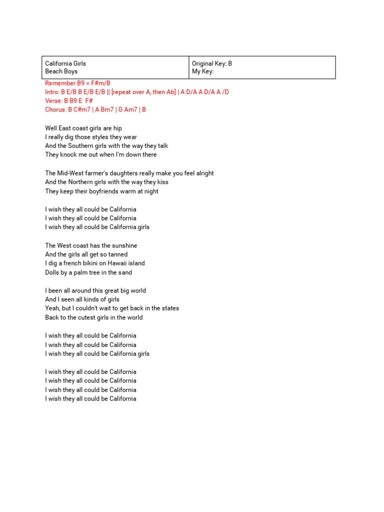 California Girls: Chord Progression and Lyrics for the Beach Boys Hit ...