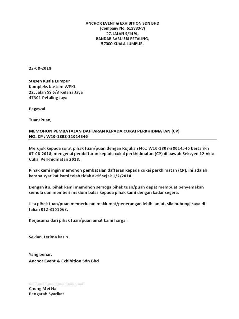 Sample Letter To Apply For Cancellation Of Gst License In Malaysia Pdf