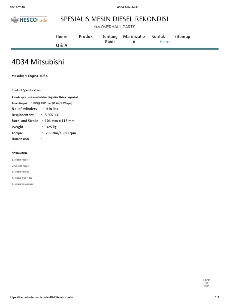 Mitsubishi 4D34 Engine Specifications | PDF