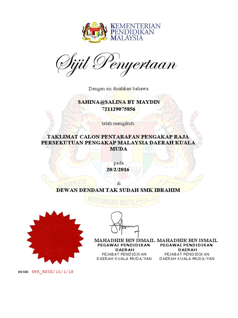 Sijil Taklimat Calon Pentarafan Pengakap Raja Daerah Kuala Muda 2016 Pdf