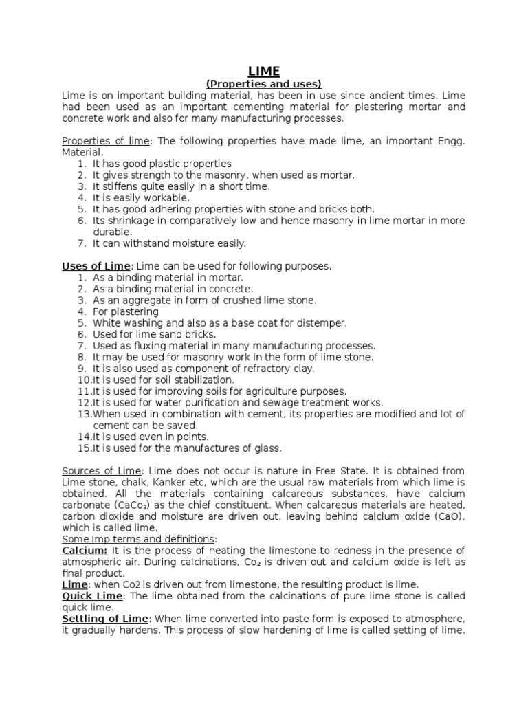 Properties and Uses of Lime in Construction | PDF | Mortar (Masonry ...