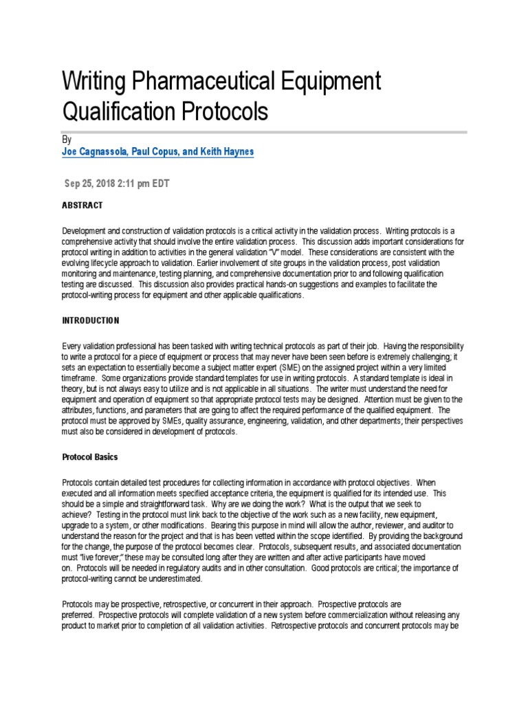Writing Pharmaceutical Equipment Qualification Protocols PDF