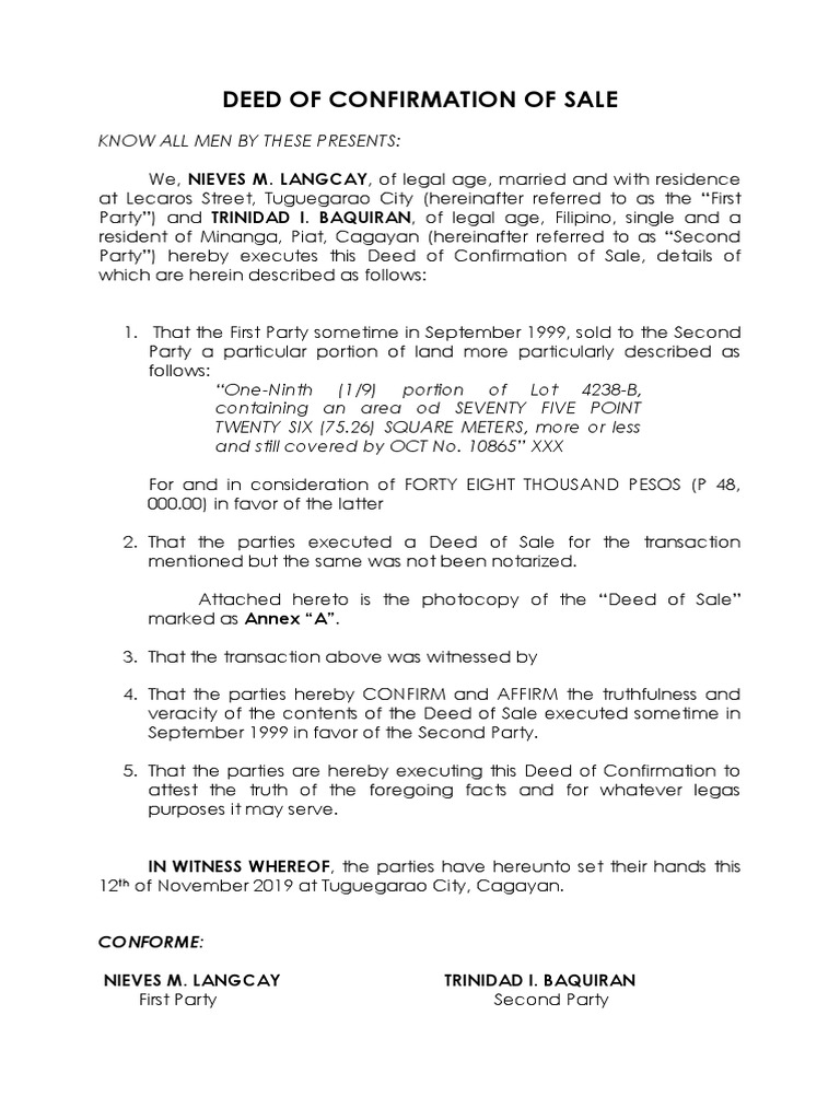 Deed of Confirmation of Sale Sample | PDF | Deed | Notary Public