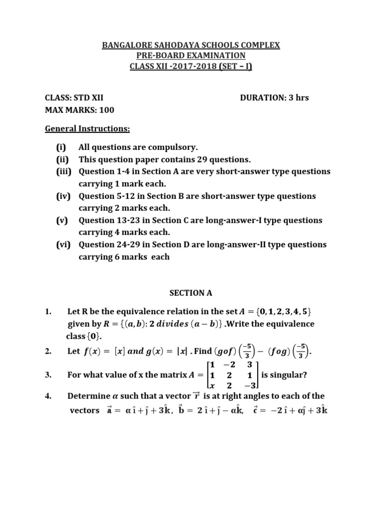 12 Math Pre Board 1 Sahodaya Jan 2018 Set I PDF | PDF | Plane (Geometry ...