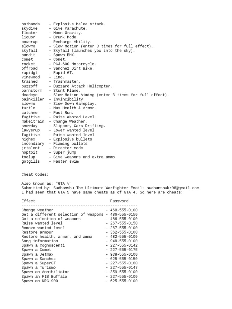 GTA V Cheat Codes and Tips Guide | PDF | Leisure | Sports