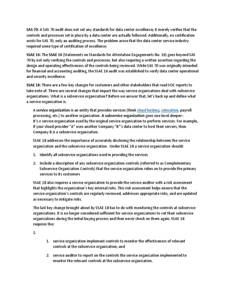 SAS 70 Vs SSAE 16 Vs SSAE 18 | PDF | Internal Control | Risk