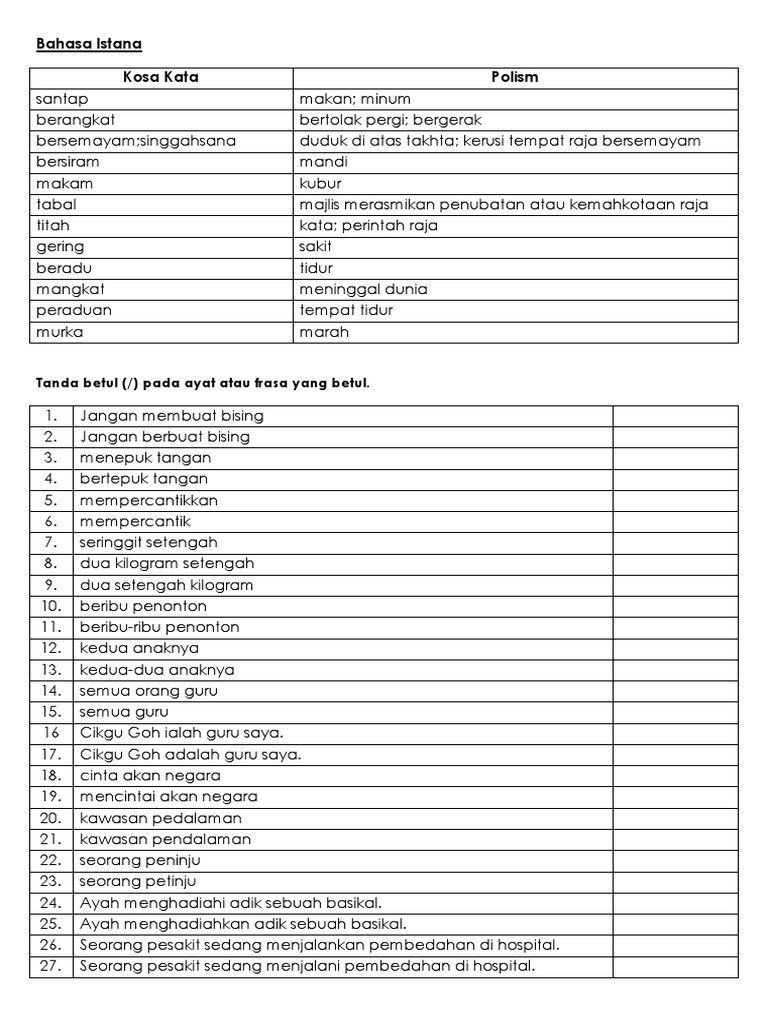 Nota Bahasa Istana Dan Kesalahan Tatabahasa Pdf