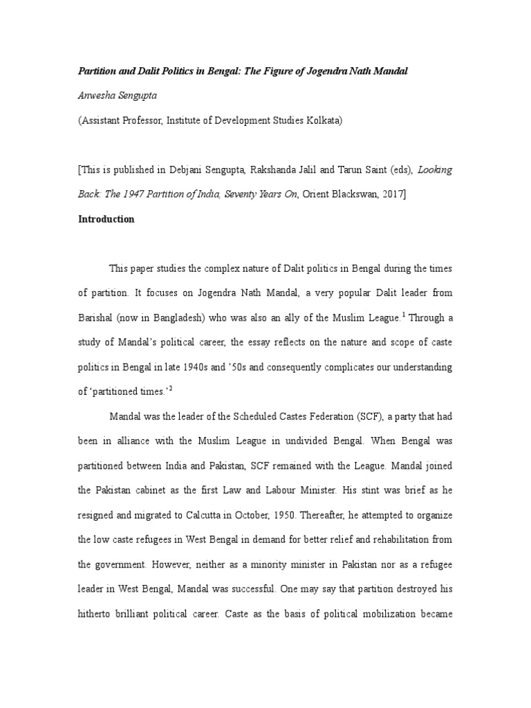 Partition and Dalit Politics in Bengal | PDF | Partition Of India | Dalit