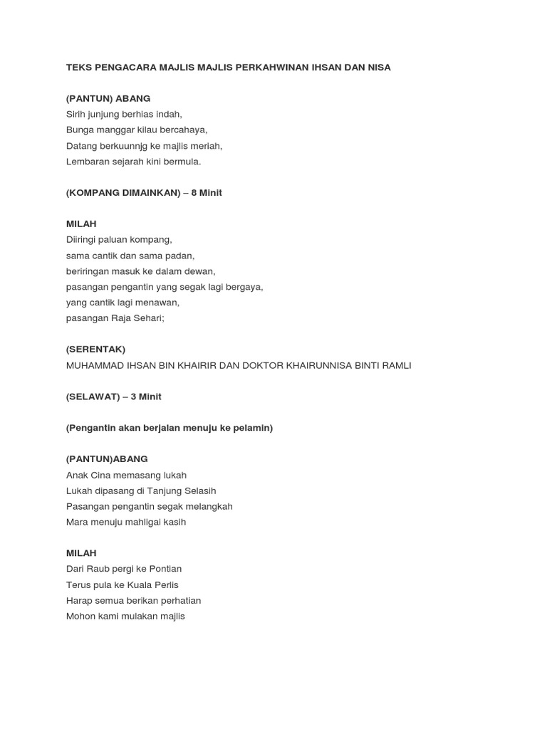 Teks Pengacara Majlis Majlis Perkahwinan Ihsan Dan Nisa Pdf