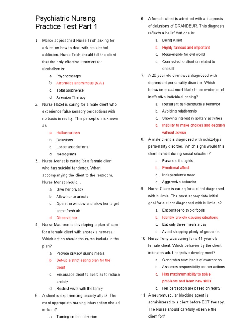 16542607 Psychiatric Nursing Practice Test 150 Items Anxiety Disorder