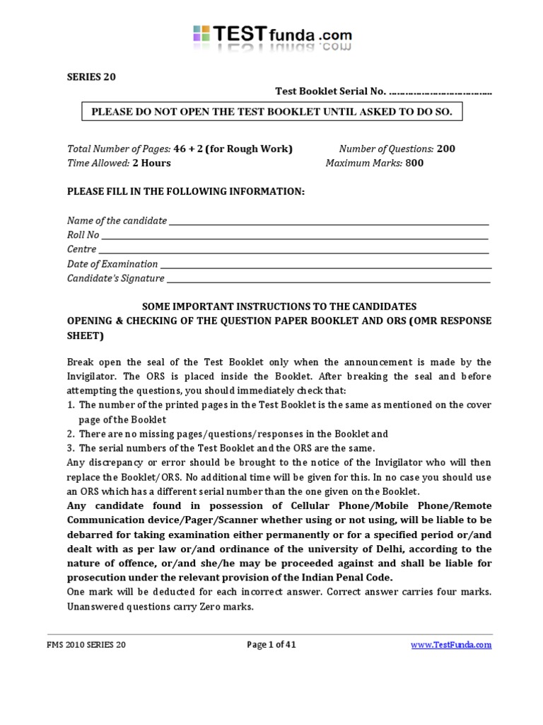FMS 2010 Series 20 Test Instructions | PDF | Business