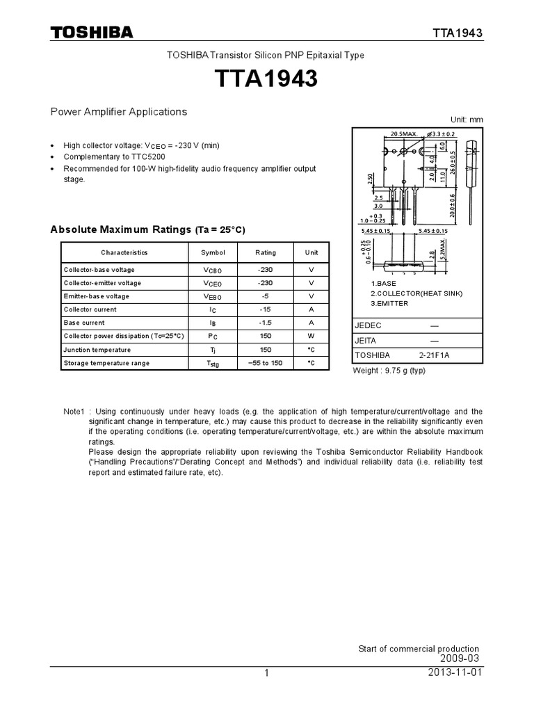 TTA1943 Datasheet PDF Transistor Reliability Engineering