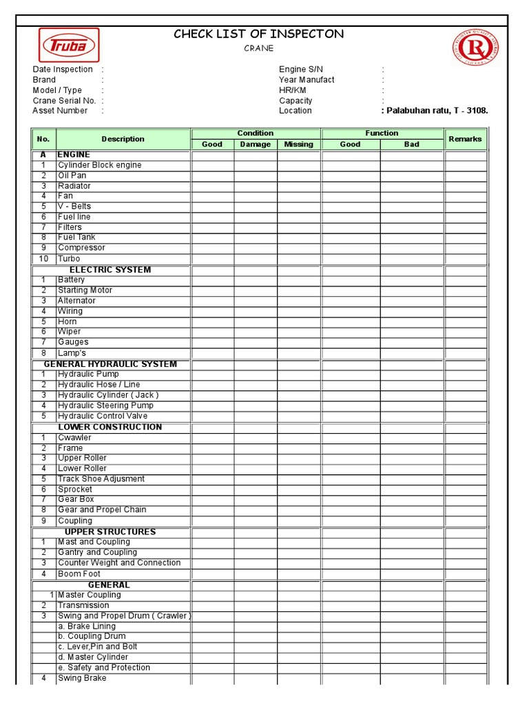 Crane Inspection Checklist Template | PDF | Crane (Machine) | Axle