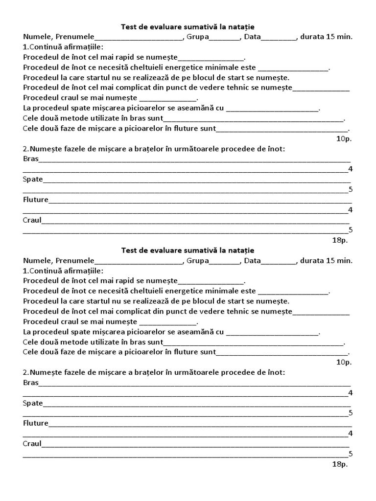 Test de Evaluare Procedee de Înot | PDF