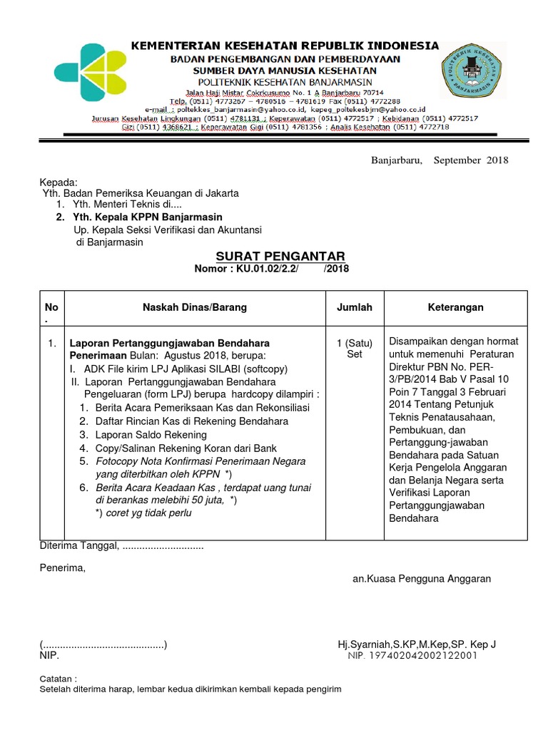 Surat Pengantar Lpj Bendahara 2016