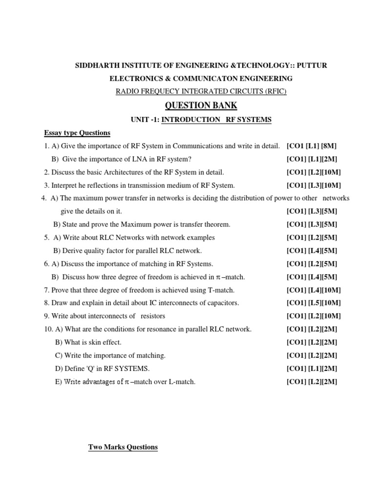 RF IC Important Questions Unit 12 Updated | PDF | Inductor | Field ...