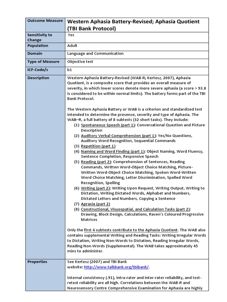 WAB-R: Aphasia Assessment Overview | PDF | Aphasia | Neuroscience