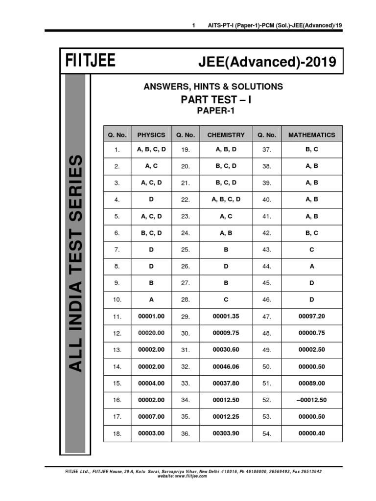 Aits 1819 PT I Jeea Paper 1 Sol PDF | PDF | Center Of Mass | Force