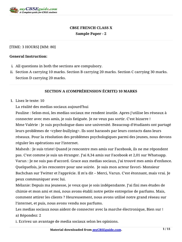 10 French Sample Paper 2 PDF | PDF | France | Pronom