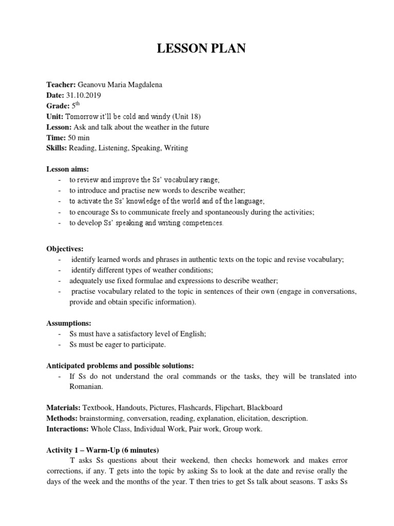 Weather Lesson Plan for Grade 5 | PDF | Vocabulary | Lesson Plan