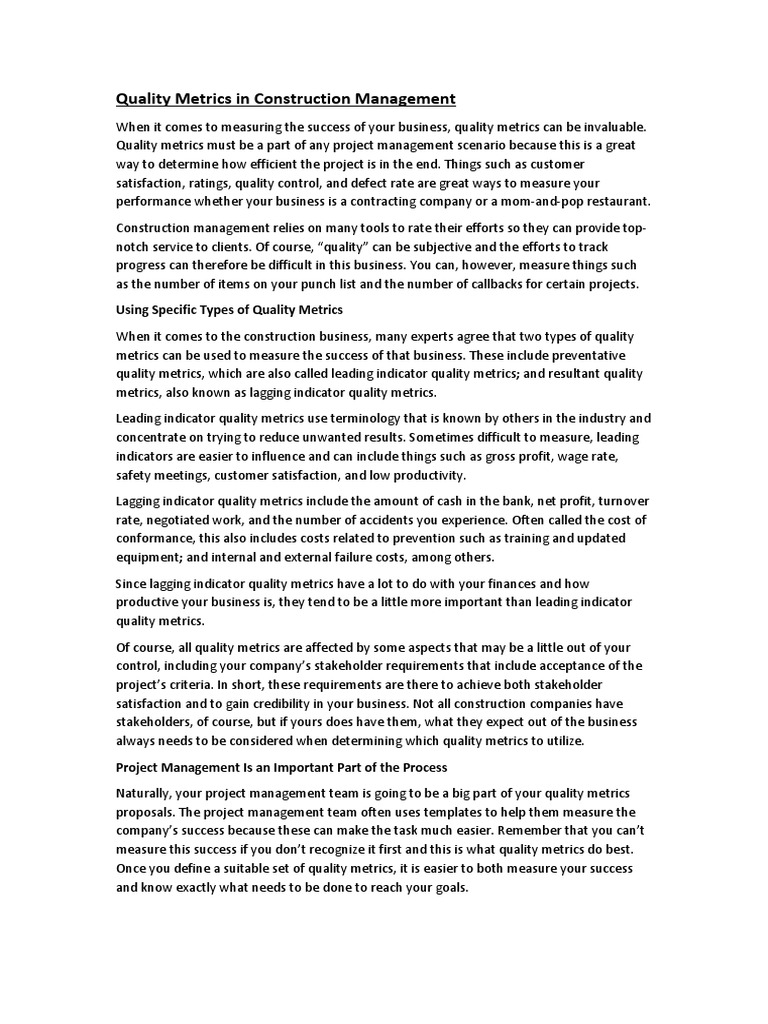 Quality Metrics in Construction Management | Download Free PDF ...