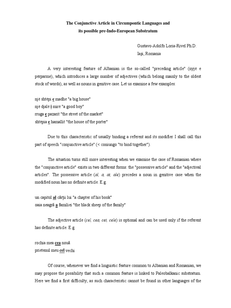 The Conjunctive Article In Circumpontic Languages Adjective Grammatical Gender