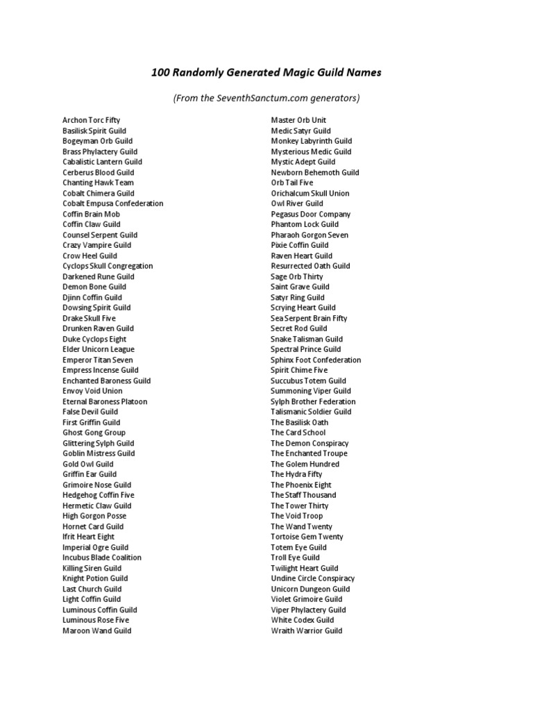 100 Random Magic Guild Names | PDF | European Legendary Creatures ...